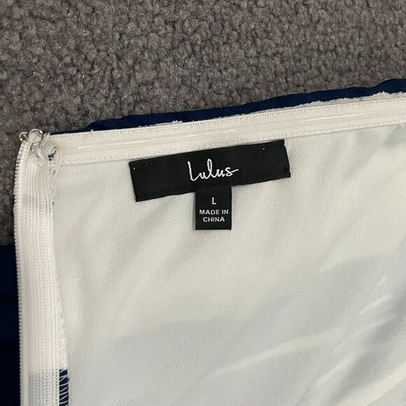 Lulus | Strapless Structured Tie Front Blue and White Romper, size L - Picture 8 of 9